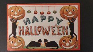 Unposted Happy Halloween Postcard with Jack-O'-Lanterns and Black Cats