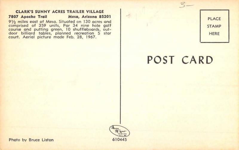 Mesa Arizona Clarks Sunny Acres Trailer Village Vintage Postcard K86855