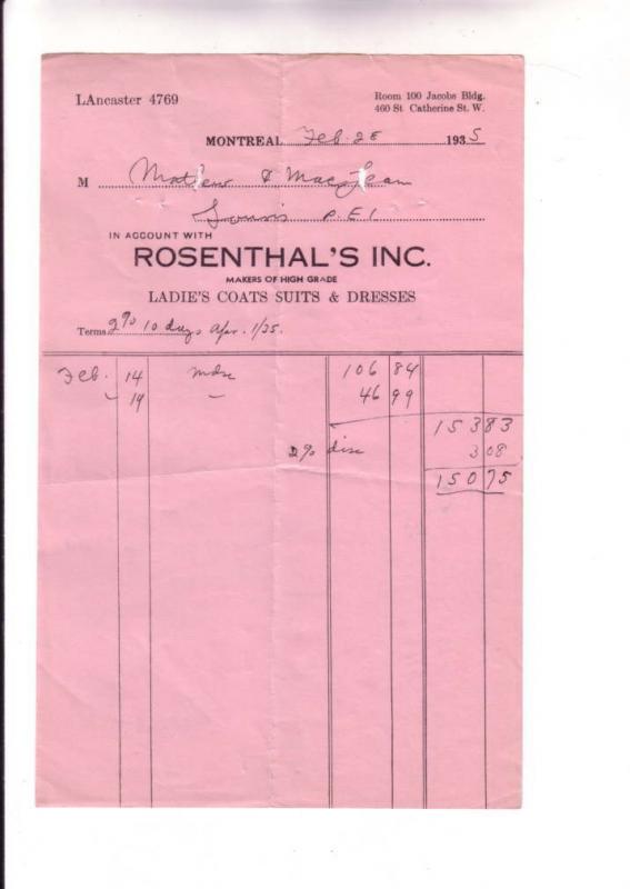 Invoice, Rosenthal's High Grade Ladies Coats Suits, Dresses, Montreal, Quebec