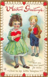 F81/ Valentine's Day Love Holiday Postcard c1910 Heart Border Boy Girl 8