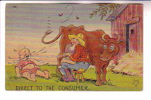 Farmer Feeding Baby from Cow, Direct To Consumer, Cartoon, Humour, Used 1948