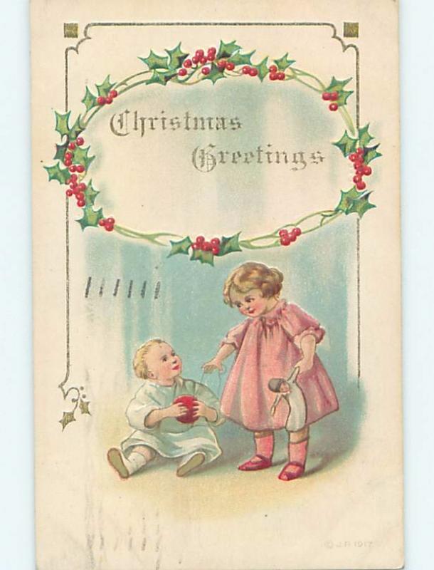 Pre-Linen christmas GIRL WITH DOLL AND LITTLE BROTHER WITH BALL hk9935