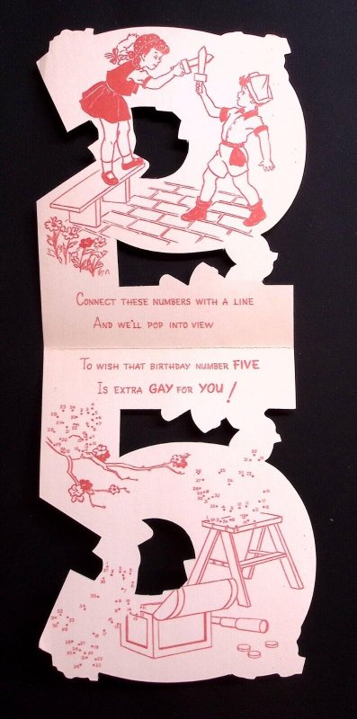 1950s HAPPY BIRTHDAY 5 YEAR OLD PIRATE TREASURE CHEST PUPPY DIE CUT CARD Z555