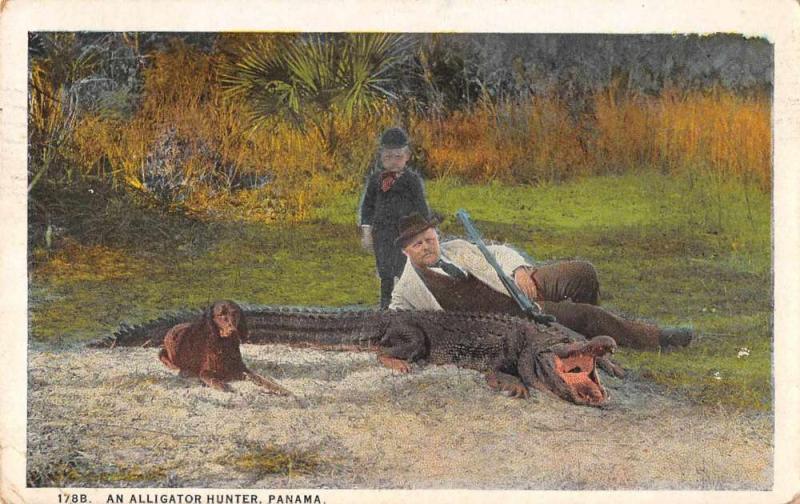 Panama Alligator Hunter with Dog Antique Postcard J72427