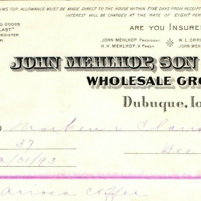 1896 Dubuque, Iowa John Mehlhop Letterhead Wholesale Receipt Invoice Coffee R2