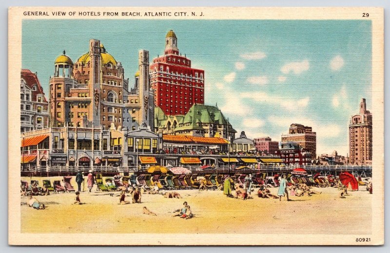 General View Hotels From Beach Atlantic City New Jersey NJ Boardwalk Postcard
