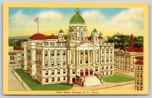 Syracuse New York~Birds Eye Court House~Flag~St Marys Circle~Vtg Linen Postcard