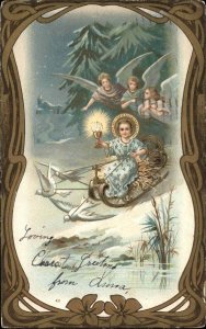 Christmas Baby Jesus on Sled Pulled by Doves Christianity c1910 Postcard