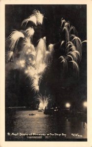 California RPPC Night Display FIREWORKS San Diego Bay 1910s Photo Postcard