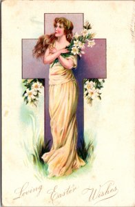 Loving Easter Wishes Postcard Purple Cross Woman Holding Easter Lily Flowers