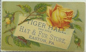 1880's-90's Victorian Trade Card Tiger Hall Hat & Fur Store Lovely Rose P91