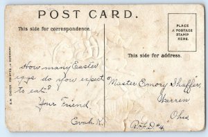 Easter Children Riding Rabbit Bunny With Egg Basket Embossed Antique Postcard