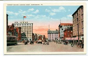 Market Square Street Scene West Cars Harrisburg Pennsylvania 1920c postcard