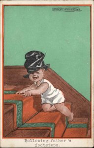 Fred Spurgin Baby with Rumpled Top Hat on Stairs Drinking Comic c1910 Postcard