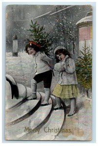 1915 Merry Christmas Greetings Two Little Girls Warmer Snow Winter Gel Postcard