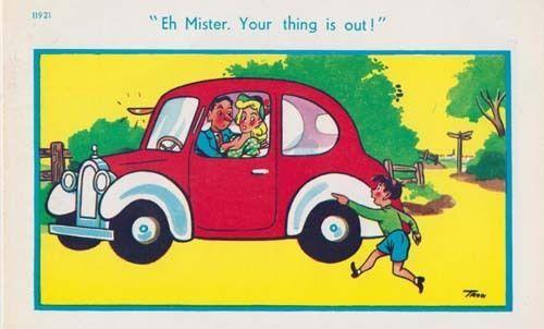 Man With Privates On Display In Classic Car Comic Humour Postcard