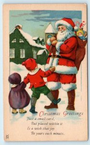 SANTA CLAUS  with TOY SACK ~ Christmas Greeting c1910s Postcard
