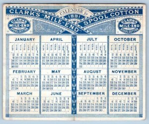 1881 CALENDAR FOLDER CLARK'S MILE END SPOOL COTTON ANGEL CHERUB PEACOCK FEATHER