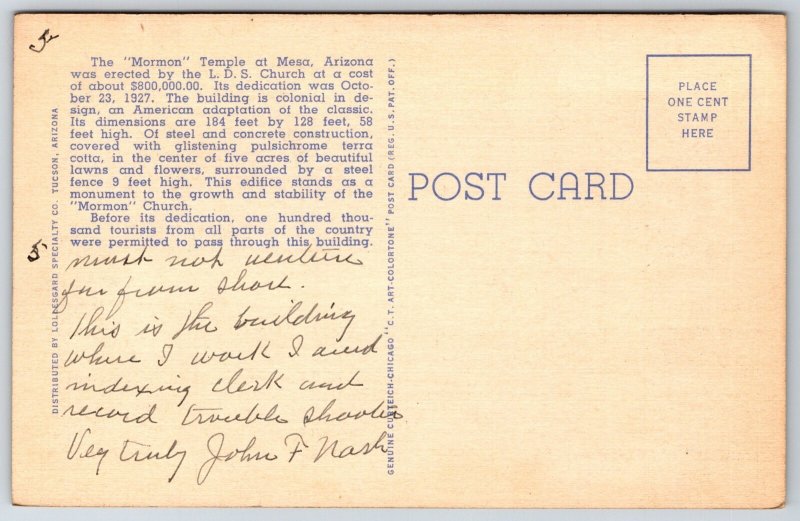 Mesa Arizona~Arizona Latter Day Saints Temple~Vintage Linen Postcard