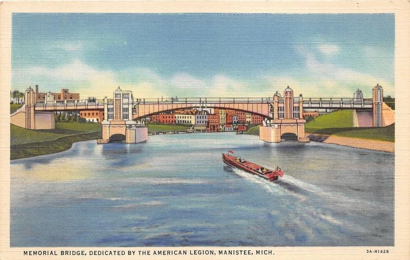 Manistee Michigan~Memorial Bridge (Dedicated by American Legion)~Speedboat~1933