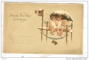 Greetings, Hearty New Year, Two Girls Sitting Down, Holding An Umbrella & Rea...