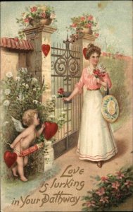 Valentine Fantasy Cupid Sneaks Up on Beautiful Woman c1910 Postcard