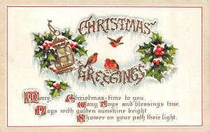 CHRISTMAS Greetings   BIRDS~HOLLY~LANTERN    c1910's Embossed c1910's Postcard