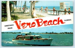 Greeting From VERO BEACH, FL Florida~ CABIN CRUISER ~ c1950s Banner  Postcard