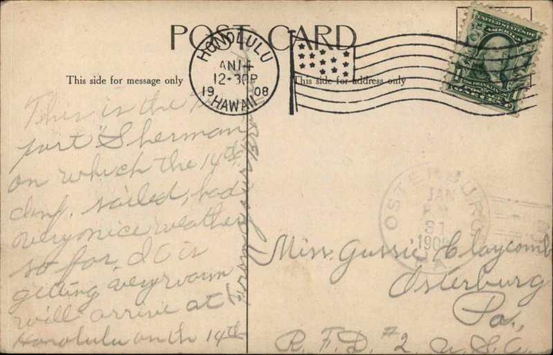 Steamship Sherman Honolulu Hawaii HI Cancel 1908 Postcard