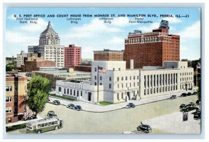 c1940s US Post Office and Court House from Monroe St. Peoria IL Postcard