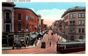 Lewiston, Maine - Alden's Drug Store and Trolley on Lisbon Street - c1920