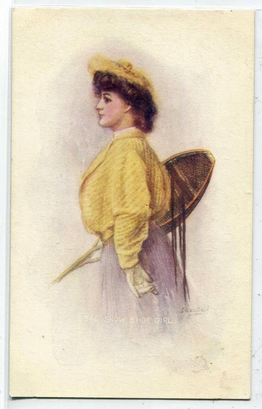 Snow Shoe Girl Beautiful Lady Winter Sports 1910c artist signed postcard