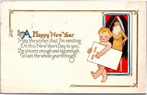 Postcard Happy New Year baby carrying card from Father Time
