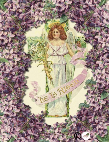 Angel on Cross White Easter Lilies and Purple Violets He is Risen Easter Card