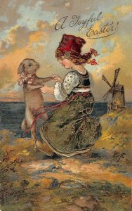 gold gilt Dutch girl dancing w rabbit PFB Easter postcard ae53 