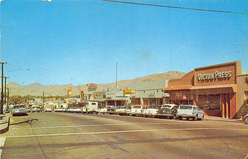 Victorville CA Street View Storefronts Old Cars Victor Press Postcard