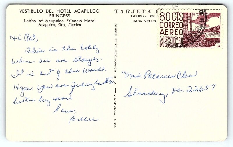 1950s ACAPULCO MEXICO VESTIBULO DEL HOTEL ACAPULCO PRINCESS POSTCARD P3129