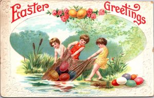 Easter Postcard Three Children Boys Pulling Colored Eggs Out of Water with Nets