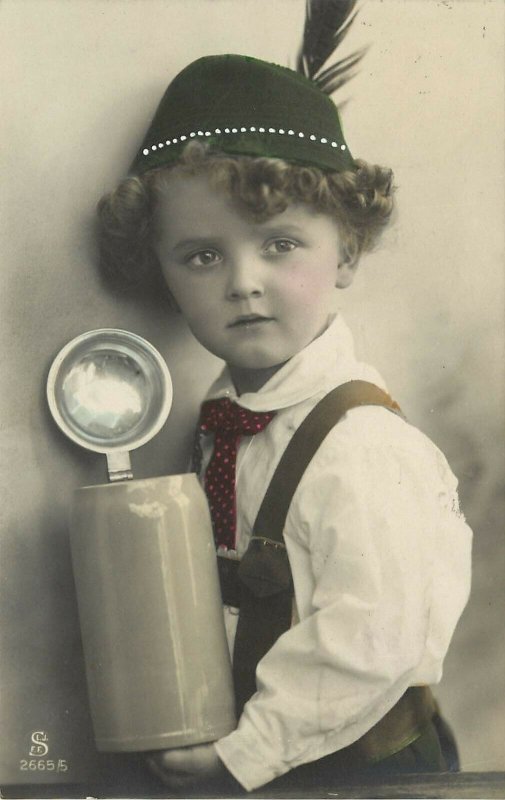 c1910 Hand-Colored RPPC; Sweet Little Boy in Loden Hat & Big Beer Stein, Germany