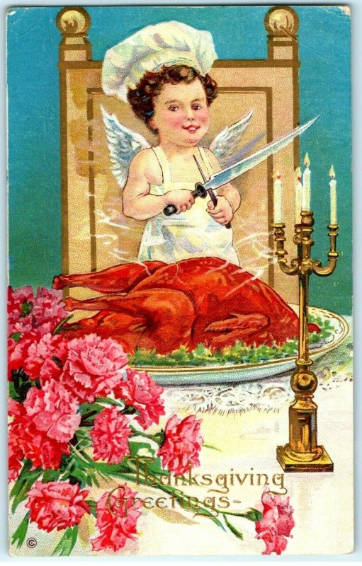 C. 1910 Adorable Cherub Angel Turkey Thanksgiving Postcard P191 