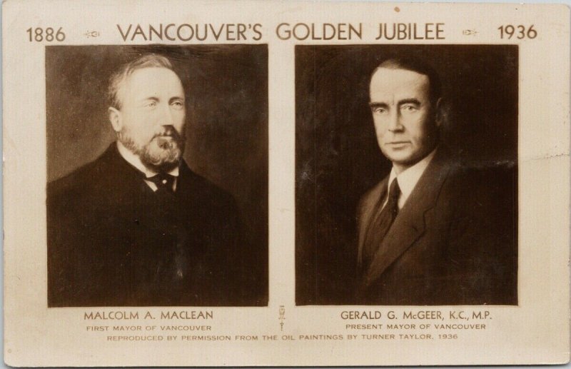 Vancouver BC Mayors Malcolm Maclean Gerald McGeer Turner Taylor Art Postcard G94