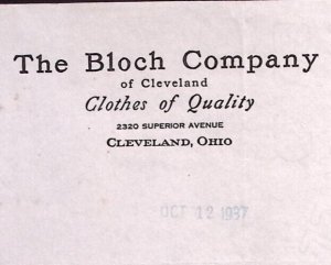 1937 THE BLOCH COMPANY CLOTHES OF QUALITY ORRVILLE OHIO BILLHEAD STATEMENT Z434