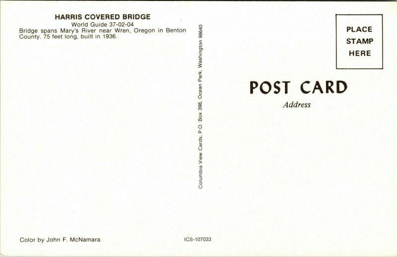 Harris Covered Bridge World Guide Marys River Oregon Benton Postcard Unposted 