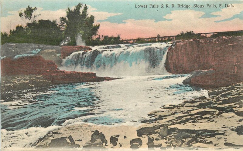 Hand-Colored Postcard; Sioux Falls SD Lower Falls & RR Bridge, Sioux Falls SD