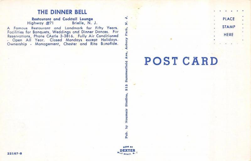 BRIELLE, NJ  New Jersey  THE DINNER BELL RESTAURANT Interior   c1950's Postcard