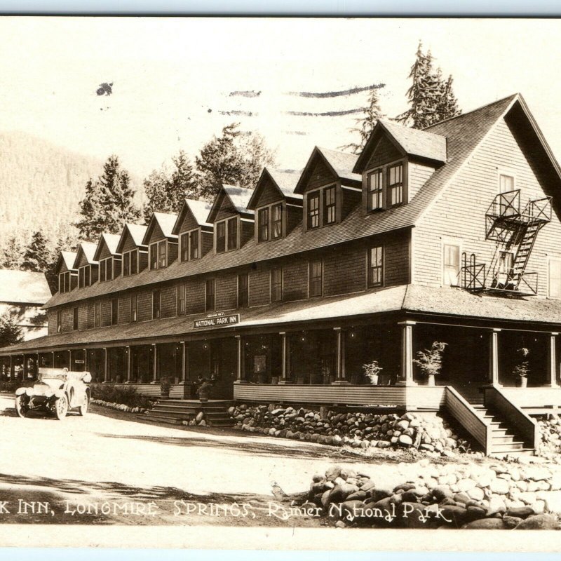 1932 Longmire Springs RPPC Rainier National Park Inn Real Photo Automobile A22