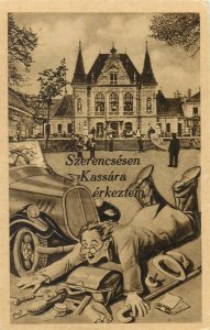 Slovakia Kassa comic car accident postcard