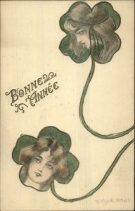 Art Nouveau Beautiful Women Faces in Clovers Bonne Annee Ludwig Rauh PC