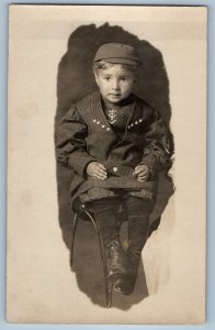 c1910's Little Boy Seated Sailor Suit Portrait Studio RPPC Photo Postcard