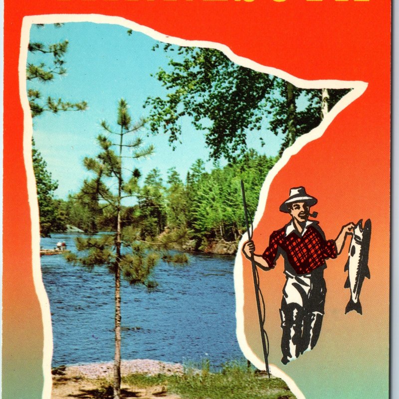 1964 MN Hello from Minnesota Greetings Fishing Land of the Sky Blue Water A222